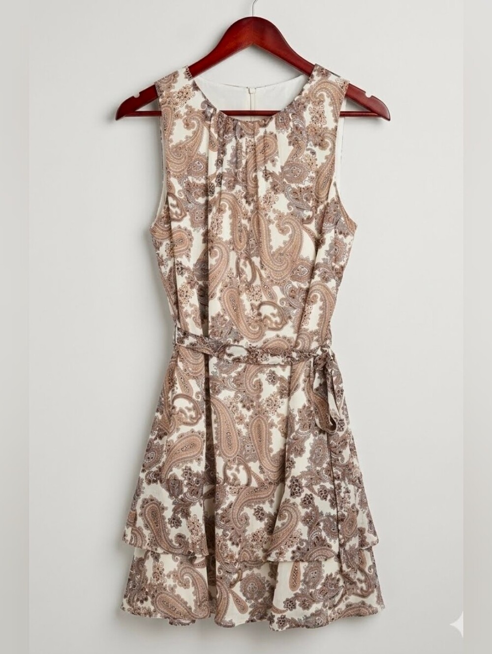 Express Paisley Mini Dress Cream Tan Brown Sleeveless Tie Waist Tiered Skirt S